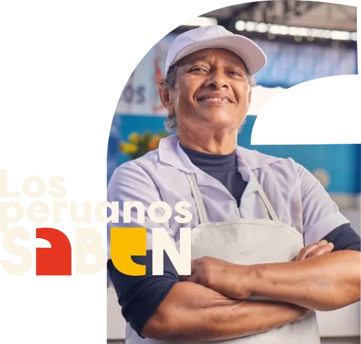 Mujer con uniforme blanco sonriendo con brazos cruzados, logo de los peruanos saben